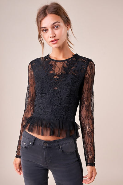 Women's Black Sheer Lace Long Sleeve 'Temptress' Pleated Hem