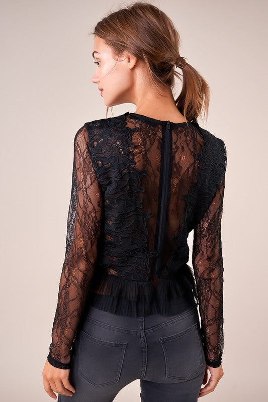 Women's Black Sheer Lace Long Sleeve 'Temptress' Pleated Hem CroppedTop –  Social Butterfly Couture