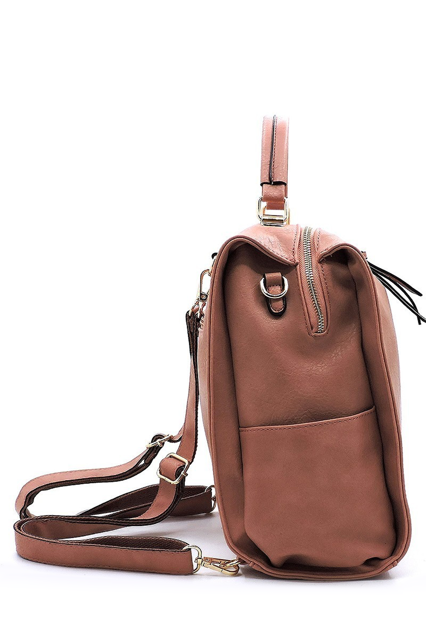 Khaki Retro Vegan Leather School Convertible Backpack Message Bags |  Baginning